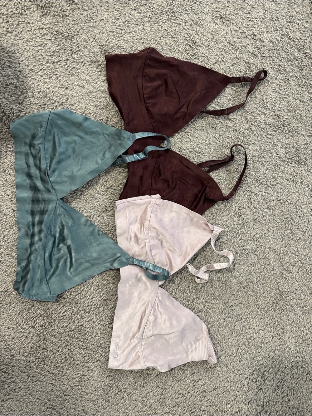 Danskin 3-Pack Seamless Triangle Bralettes in Brown, Dusty Blue, Pale Pink